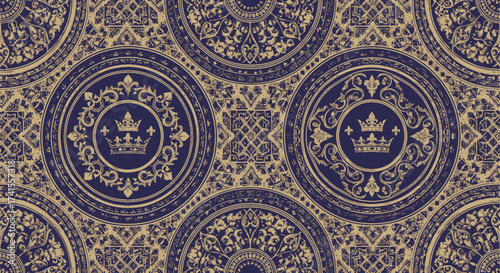 Ornate pattern with golden crowns, fleur-de-lis, & floral scrollwork on dark blue background