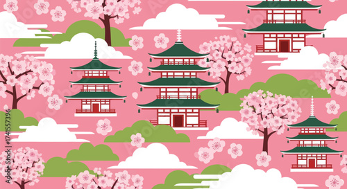 Pattern of pagodas, cherry blossoms, clouds, and hills on a pink background