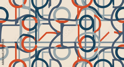 Abstract pattern with overlapping blue, grey, & orange circles/lines