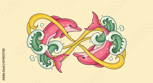 Cartoon illustration of pink dolphins intertwined with waves and ribbon