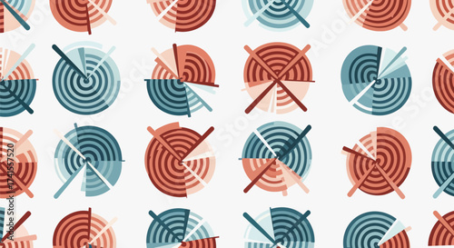 Repeated graphic of circular pie-like segments in red/blue tones