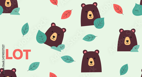 Cartoon bears & leaves in a pattern on pale green with "LOT" text on the bottom left