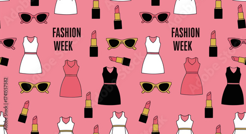 Fashion-themed pattern with dresses, glasses, and lipstick on pink