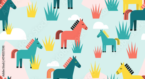 Stylized horses, grass, and cloud shapes on a light blue background