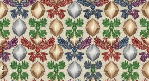 Colorful winged figures and geometric shapes repeat in a seamless pattern