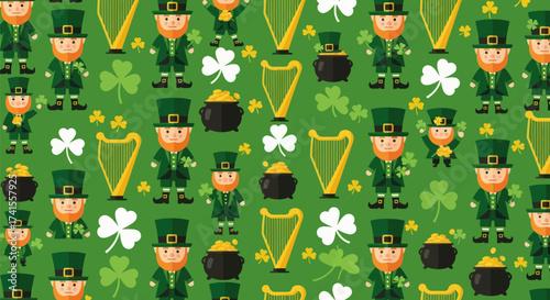 St. Patrick's Day seamless pattern of leprechauns, clovers, harps, and gold pots on a green background