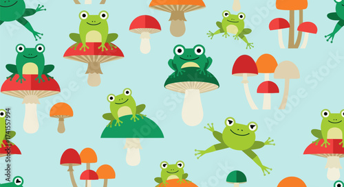 Frogs and colorful mushrooms scatter across a light blue background