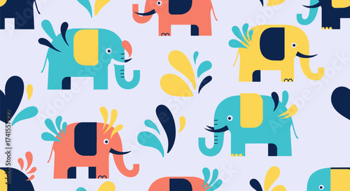 Playful repeating pattern of stylized elephants and water droplets