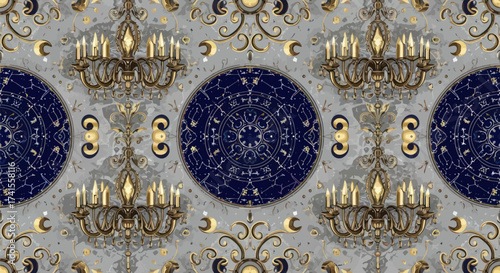 Ornate pattern of chandeliers, constellations, and gilded filigree on a textured gray background