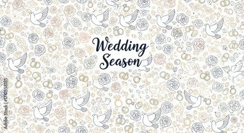 Light wedding pattern featuring rings, doves and roses