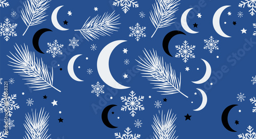 Winter-themed pattern with moon, stars, snowflakes, leaves on blue