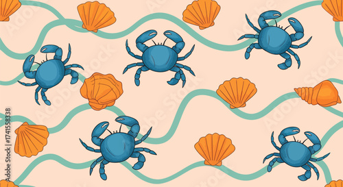 Crab & seashell pattern on light background with wavy lines