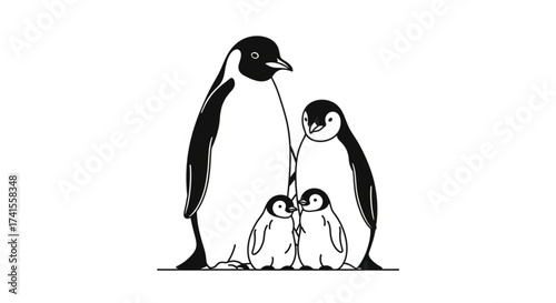 Illustration of a penguin family, featuring two adult penguins and two baby penguins in black and white