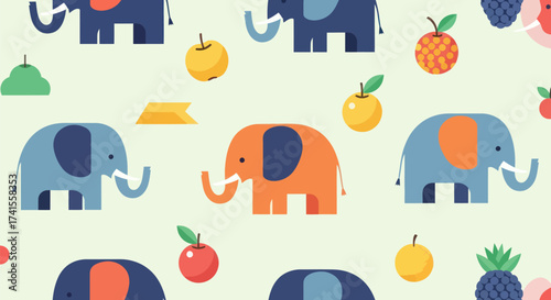 Pattern with stylized elephants and fruit on light background