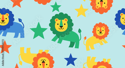 Patterned background with flat cartoon lions and stars in primary, secondary, pastel colors