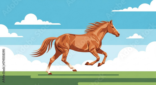 Dynamic horse galloping across a green field under a blue sky a vibrant vector illustration capturing the power and grace of a running horse