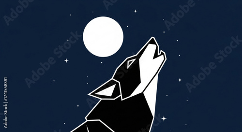 Geometric wolf howling at the moon under a starry night sky a modern vector illustration of a wolf in a minimalist style