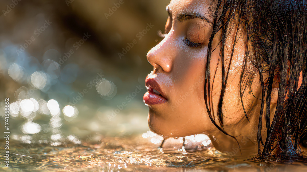 Obraz premium Capturing tranquility in nature's embrace with a young woman enjoying a serene moment in clear water