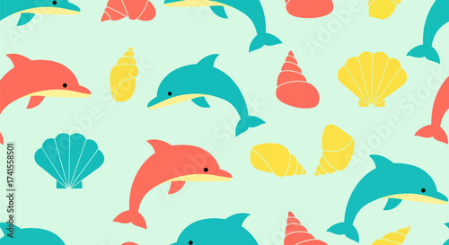 Seamless pattern with dolphins and seashells on a light green background