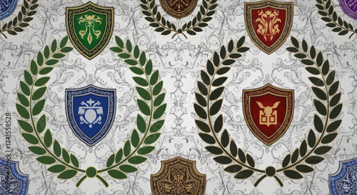 Heraldic crests and wreaths on ornate background, repeating pattern