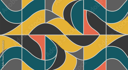 Pattern with curves, lines, and solid blocks of teal, yellow, orange, dark gray