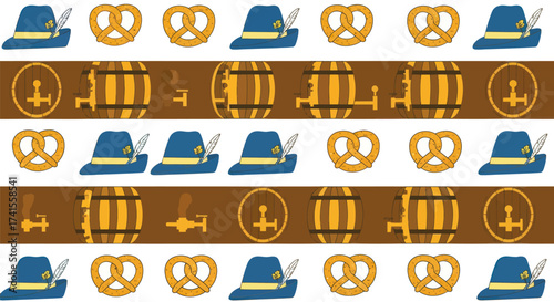 Oktoberfest pattern with pretzels, hats, and beer barrels