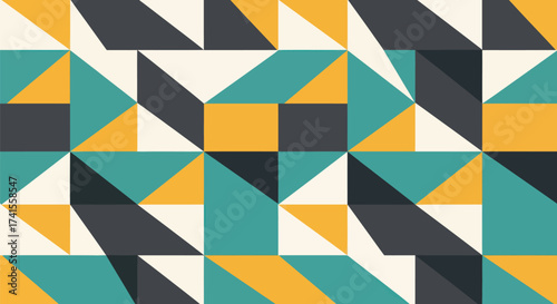 Colorful geometric pattern. Teal, yellow, off-white and grey shapes interlock in a complex, abstract design