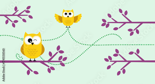 Cartoon illustration of two owls on stylized tree branches