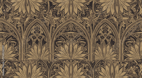 Arches and lotus form a repeating, botanical, intricate patterned wall