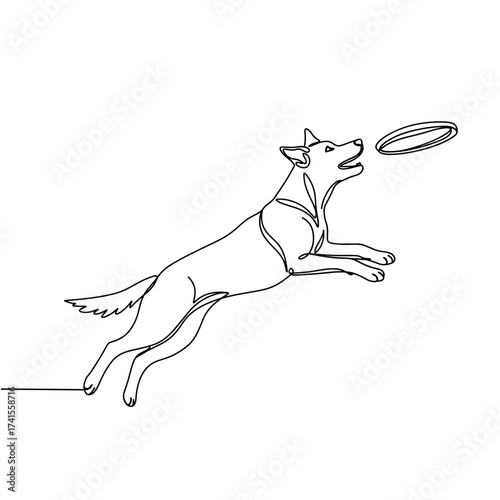 Dog jumping to catch frisbee in line art style  