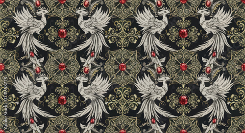 Ornated pattern of birds and jewels on dark background