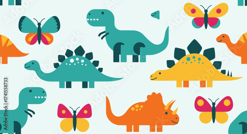 Colorful pattern with geometric dinosaurs and butterflies on light background