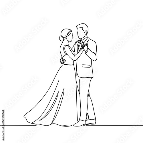 Couple dancing together in wedding attire on minimalistic background  