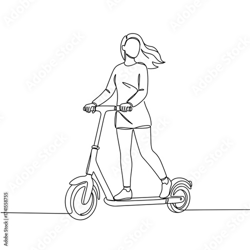 Young woman riding electric scooter in minimalist line art style  