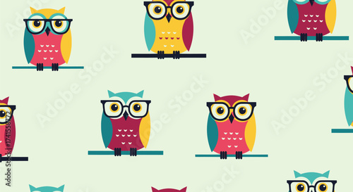 Owls with glasses on branches