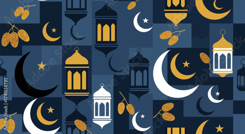 Pattern of lanterns, crescents, stars, & dates in navy, gold, white, black