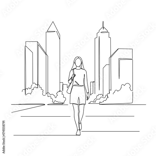 Woman walking in cityscape with tall buildings and greenery  
