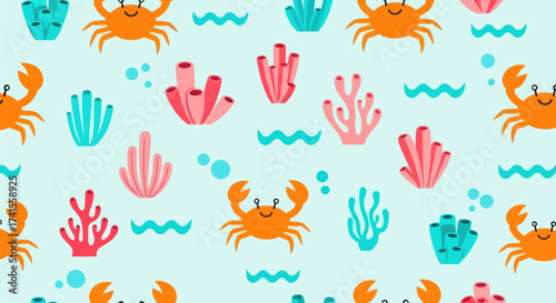 Cartoon ocean pattern featuring crabs, coral, waves on blue background