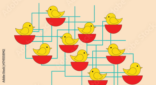 Cartoon yellow chicks in red bowls, grid of blue lines pattern