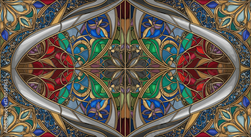 Symmetrical floral stained-glass mosaic with complex colored patterns