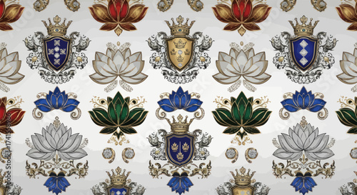 Ornate pattern of heraldic shields, crowns, and lotus flowers on white