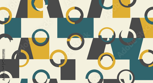 Geometric art teal, mustard, gray shapes, circles & partial circles form seamless pattern on off-white background