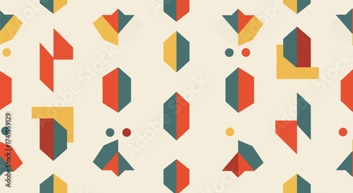 Geometric pattern with shapes in muted yellow, red, and teal on a beige background. Retro styled