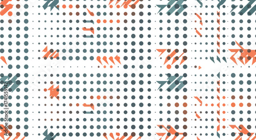 Dot grid & arrow art rows of blue/brown dots interspersed with orange & blue abstract arrow shapes on white