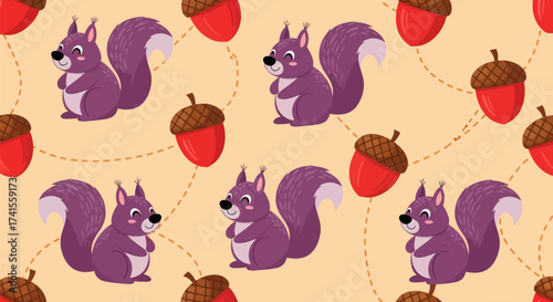 Repeating pattern with purple squirrels and red acorns on beige background