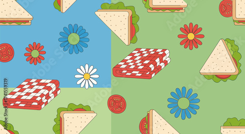 Cartoon pattern sandwiches, tomatoes, flowers, checkered blanket