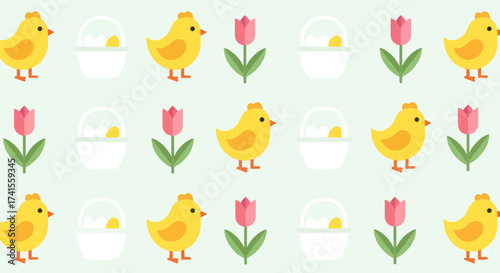 Repeating pattern chicks, tulip flowers, baskets, eggs on light green