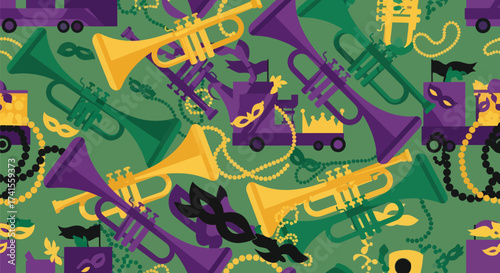 Mardi Gras themed pattern of trumpets, masks, beads and floats