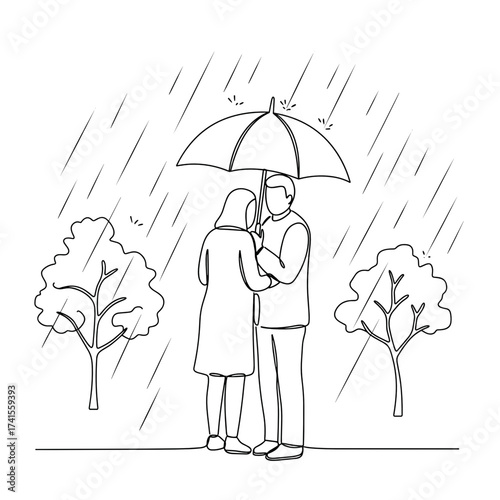 Couple sharing umbrella and embracing in the rain outdoors  