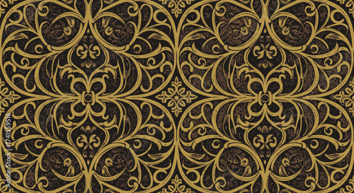 Ornate, scrolled gold pattern on dark background, stylized, symmetrical